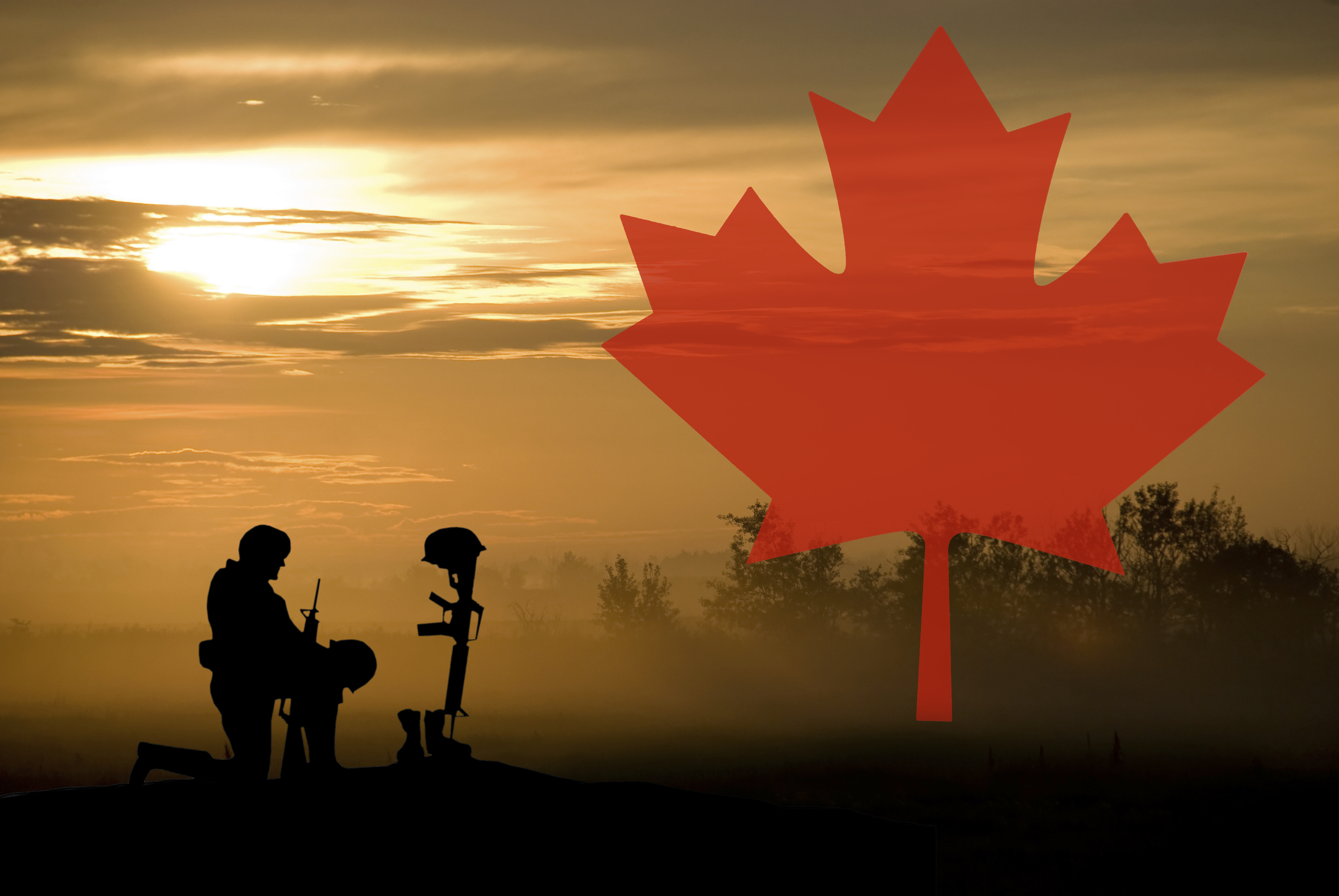 The battlefield grave of a fallen soldier with a soldier kneeling in front of grave. The boots, helmet, and rifle mark the grave.